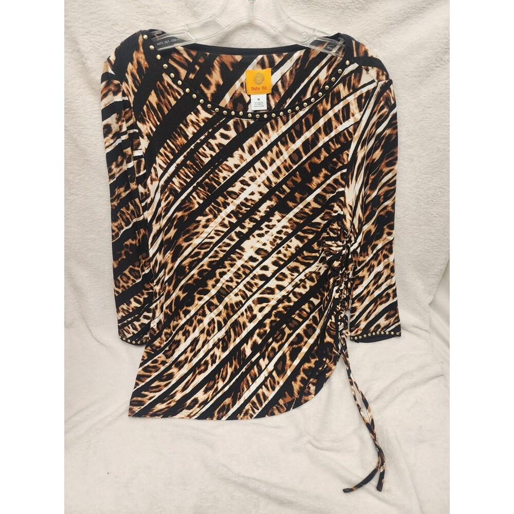 Ruby Rd. Top Blouse Shirt Black Brown Animal Print -3/4 Sleeves Women M